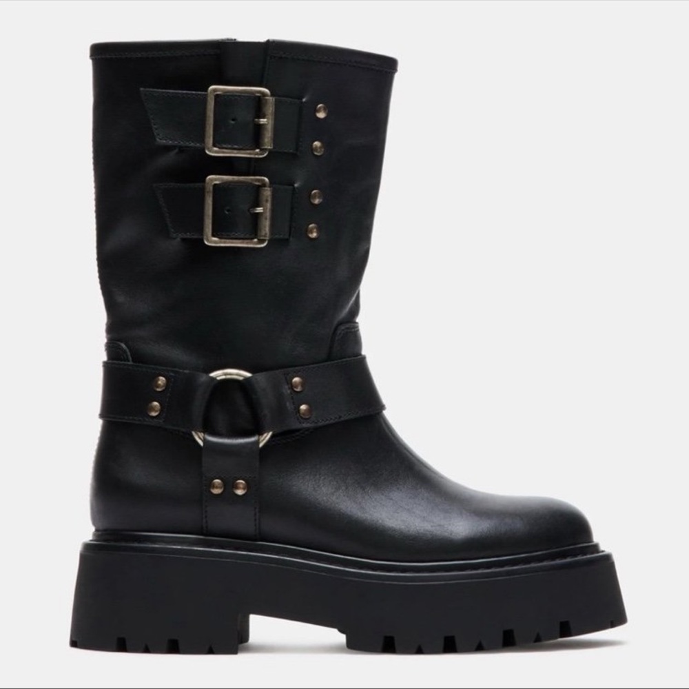 Steve Madden Reika Black Leather Buckle Hardware Motorcycle Combat Boots Goth